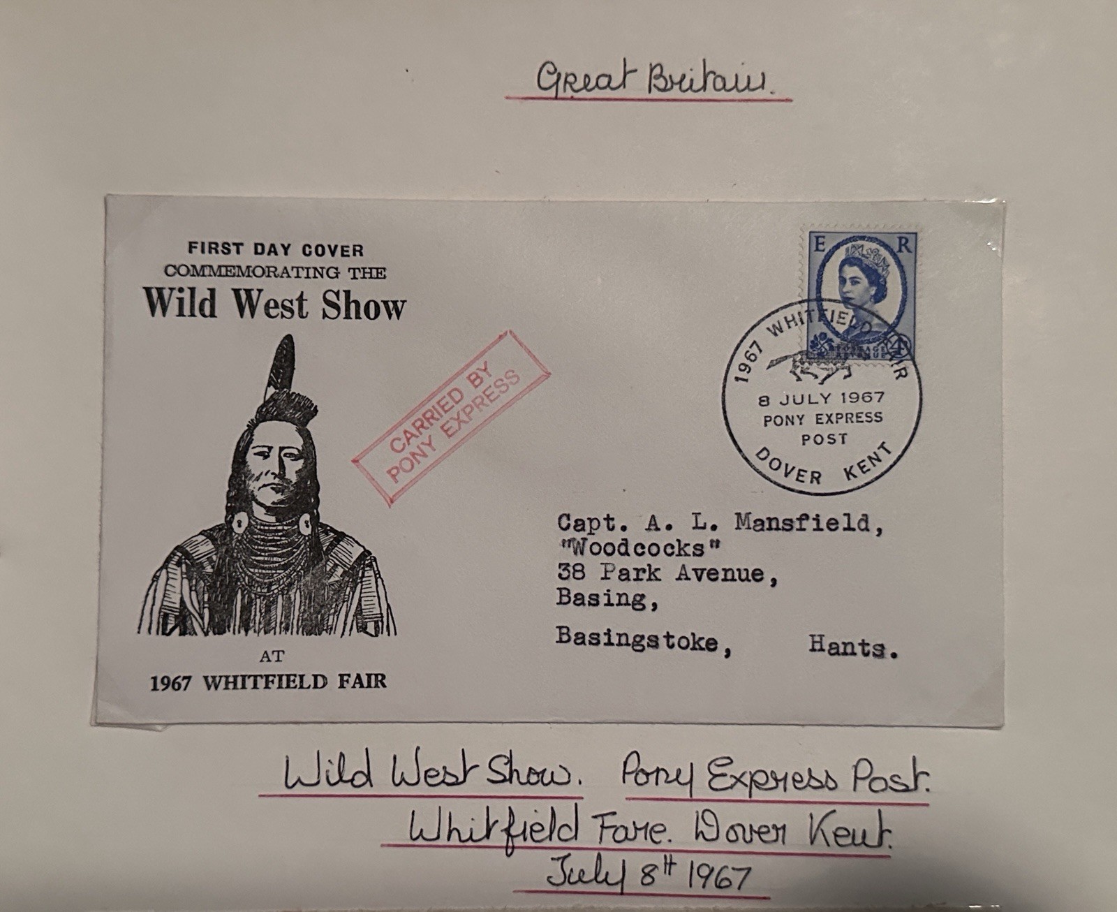 1967 GB Event Stamp Cover WILD WEST SHOW DOVER KENT POSTMARK