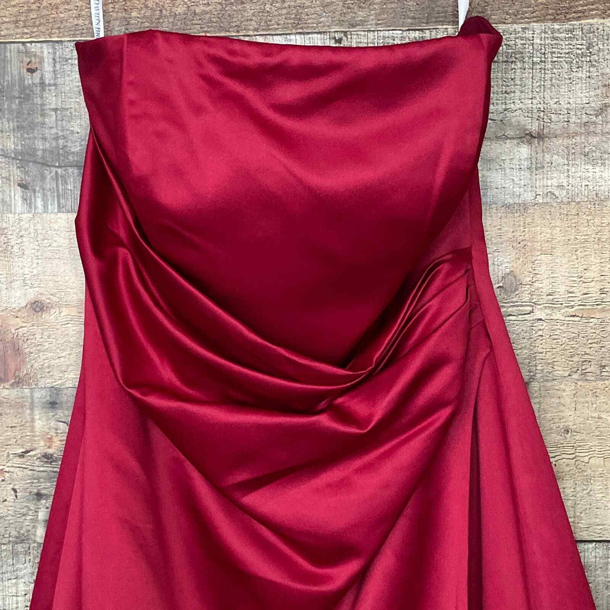 David s Bridal Apple Red Satin Strapless Side Drape Dress Floor