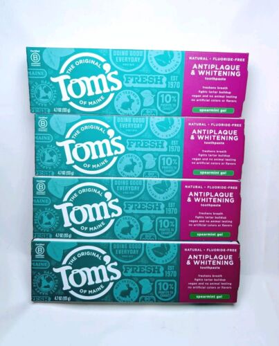 4pk Tom's Spearmint Gel Toothpaste - Fluoride Free Antiplaque & Whitening(4.7oz)