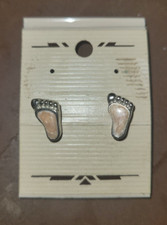 Precious Baby Feet Simulated Opal Silver Tone Stud Earrings - New