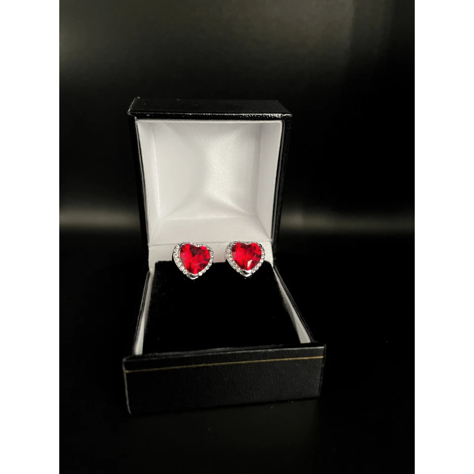 WHITE GOLD FINISH Red Ruby Created Diamond Heart Cut Droplet Earrings - Image 2 of 4
