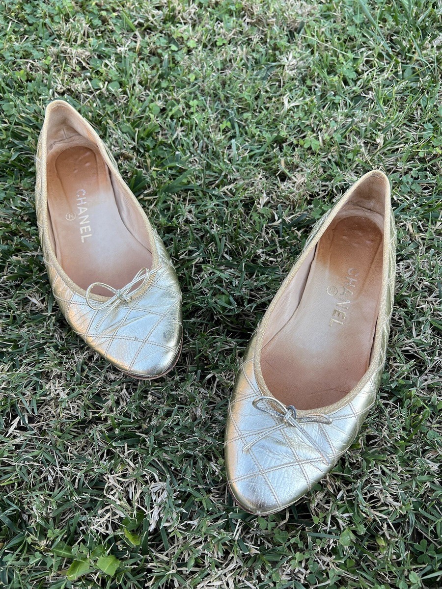 Chanel Gold Metallic ✨Quilted Classic Ballet Flats Shoe Slipper