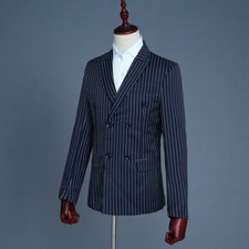Men 3 Piece Suit Striped Vest Pants Double Breasted Peak Lapel Jacket Dress Tops