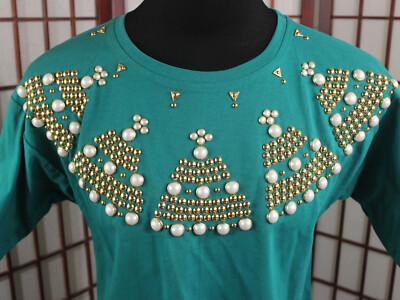 Vtg Freds Art Wear T Shirt One Size Teal Blue Los Angeles Pearl Bead Embellish