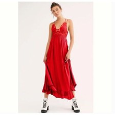 Free People NWT Adella Maxi Slip Dress Sleeveless Boho Crochet Lace Red XS New