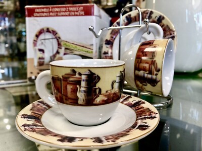 Set Of 2 Casa Elite Italian expresso coffee cup mug and saucer with stand NIB