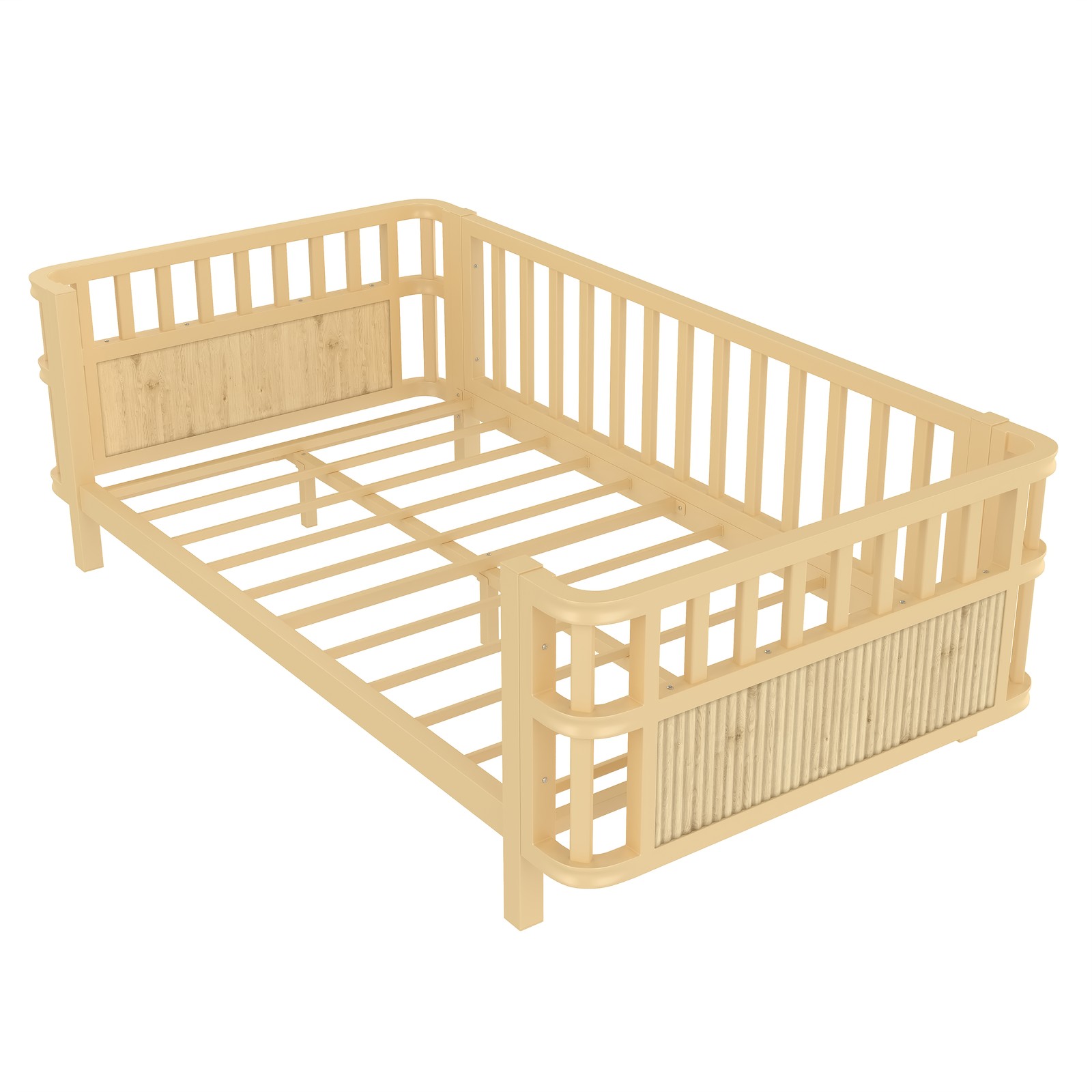 Twin Size Montessori Floor Bed Frame W/Fence Wood Slats for Kids Bedroom Natural