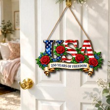 USA 250th Anniversary Door Sign, 4th of July Patriotic Decor, Wooden