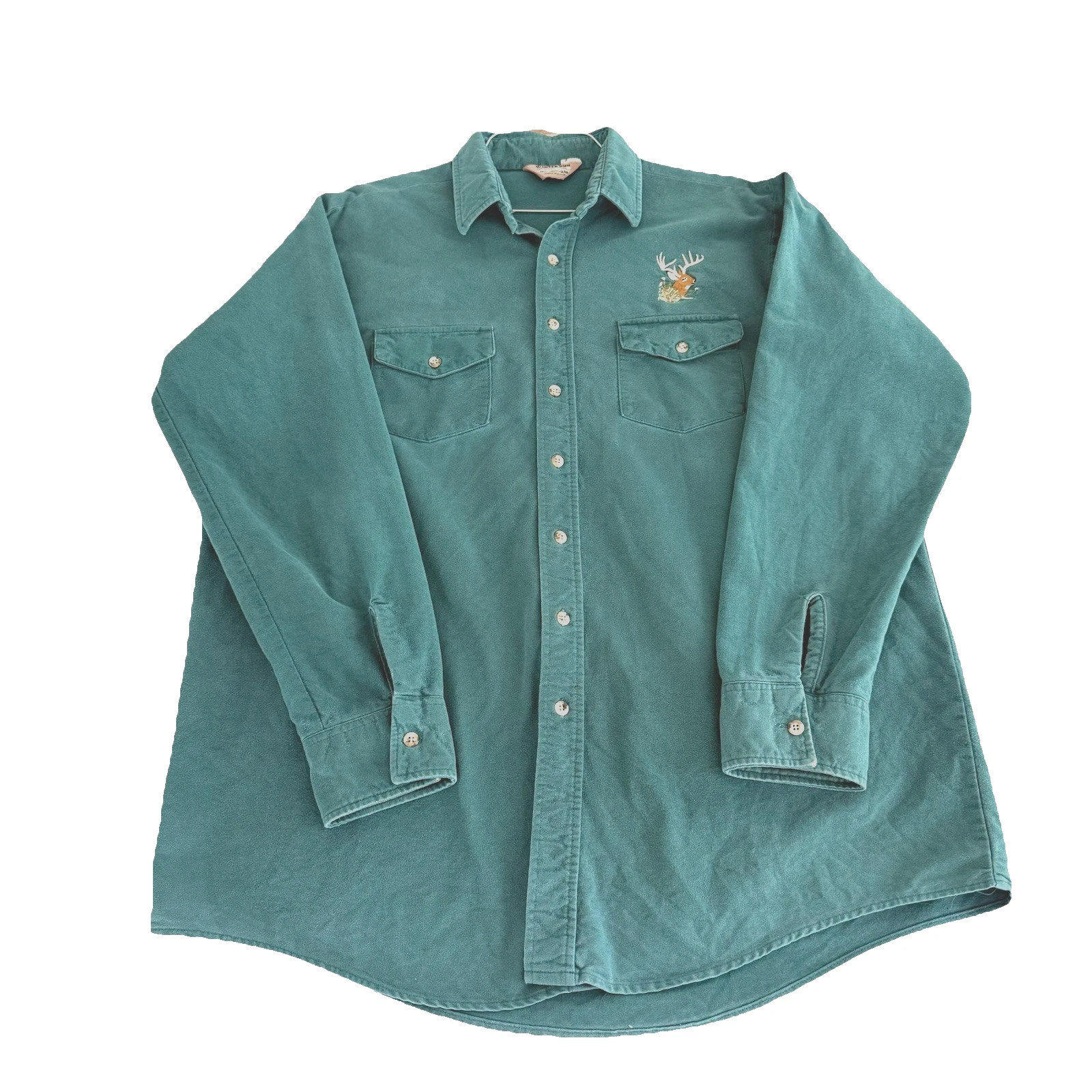 Vintage Winter Run Mens XL Shirt Green Chamois Flannel Embroidered Deer Hunting