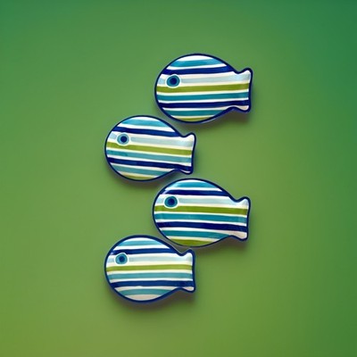 Mud Pie GO FISH Tidbit Plate Set of 4 Blue Green White Ceramic Fish Ocean 6''x4''
