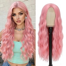 Pink Wig - Long Pink Wavy Wigs for Women Middle Part Pastel Pink 26 inch Natu...