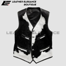 Men's Black  White Cowhide Leather Vest Western Ranch Cowboy Hair-On Hide Snap