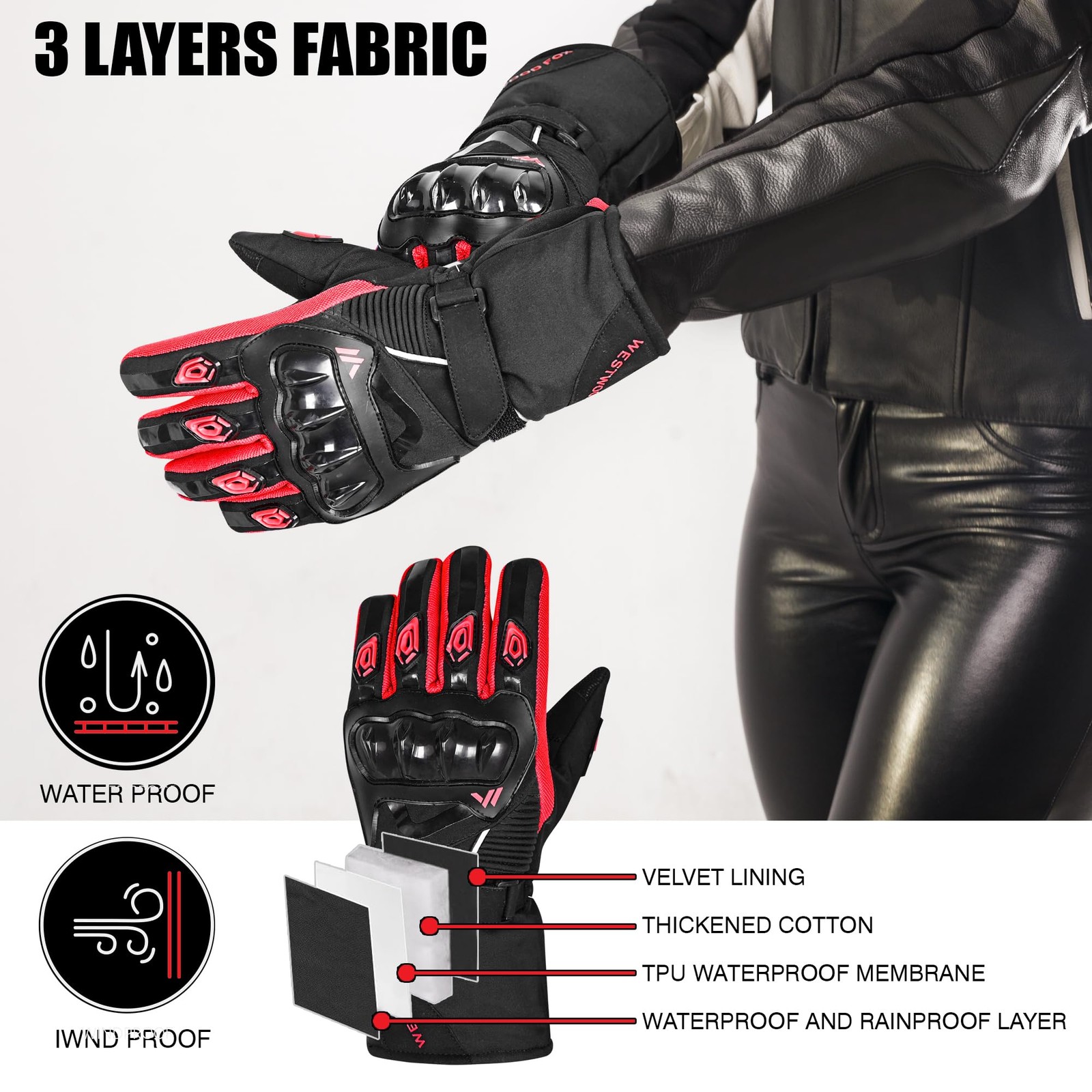 Gants de moto contre le froid aux mains avec membrane étanche respirante hivernale