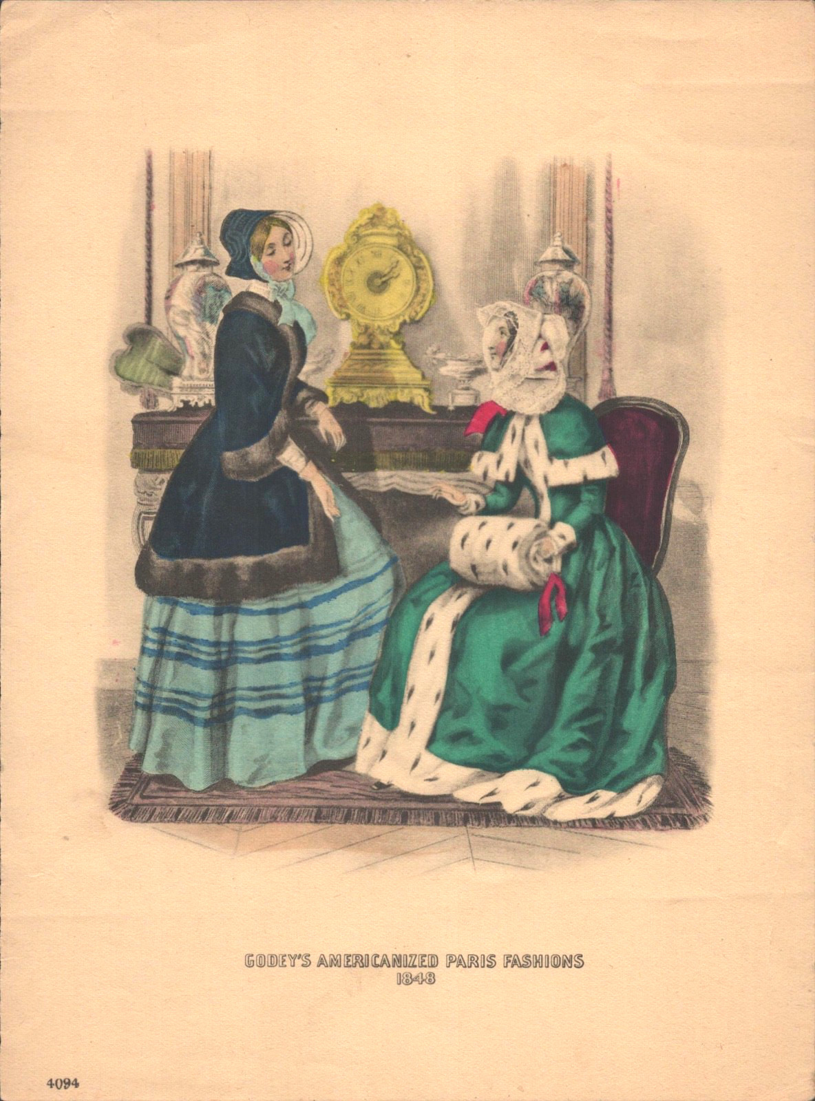 1848 GODEY'S AMERICANIZED PARIS FASHIONS antique color art print WOMEN IN GOWNS