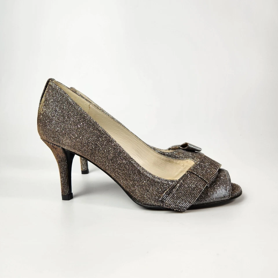 Stuart Weitzman Peep Toe Bow Heels Sparkle Glitter Womens 6 Holiday Party Preppy - Image 3 of 4