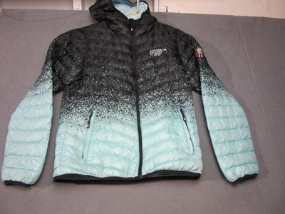 Scandinavian Explorer Jacket Womens Medium Blue Black Down Puffer Hooded Outdoor