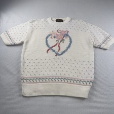 Vintage Eddie Bauer Women s Sweater Knitted Cottagecore Bow White Blue Sz Medium