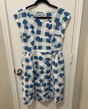 Emily and Fin 60s Style Mod Retro Twee Dress Blue & White 100% Cotton sz medium