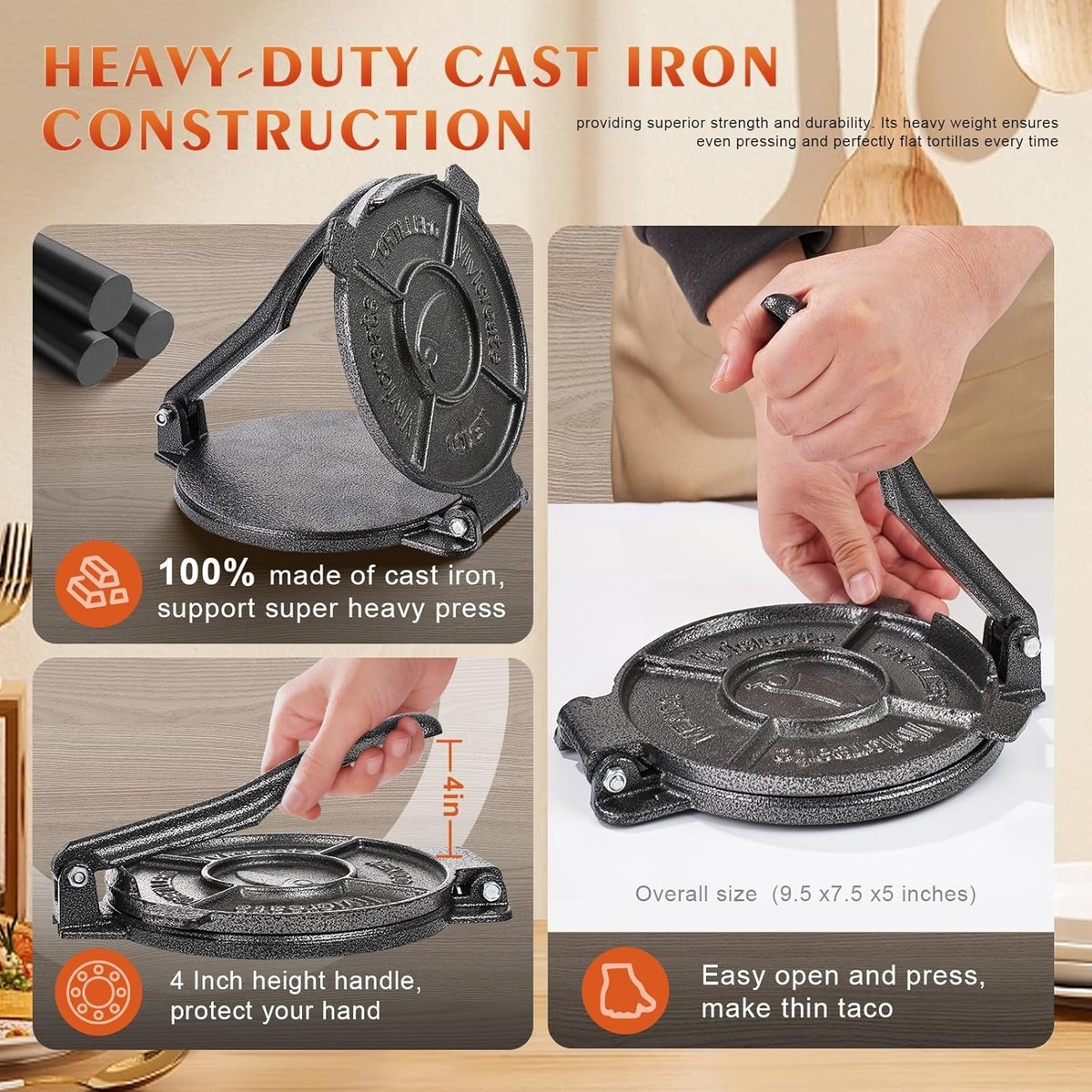 Cast Iron Tortilla Press Dough Flour Tortilla Rotis Quesadilla