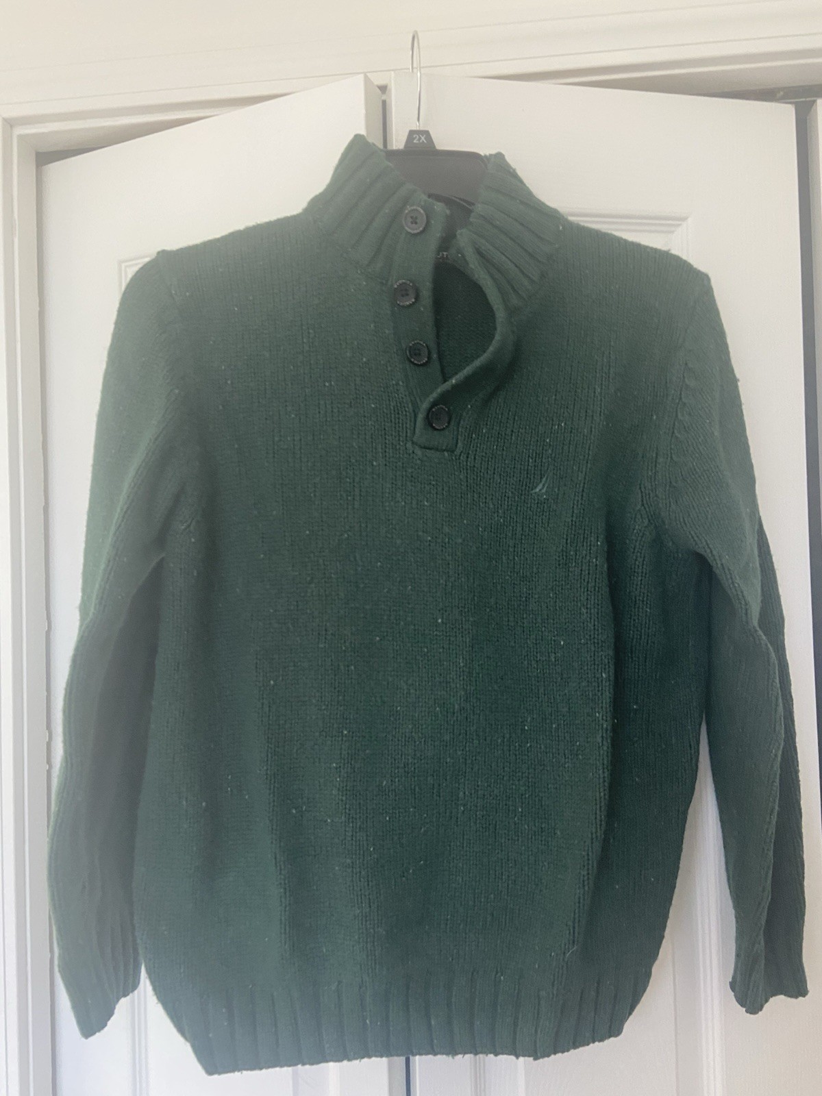 Nautica Green Wool Nylon Cable-Knit Mock Neck Pullover Sweater Button Men's L