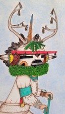 Disegno a matita e inchiostro colorato originale non firmato Hopi Katsina ft. Sowi-ingwa 