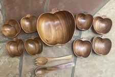 Salad Serving Set Wooden Vintage Bowls Apple Shape. Salad Service, 8 Bowls Tongs