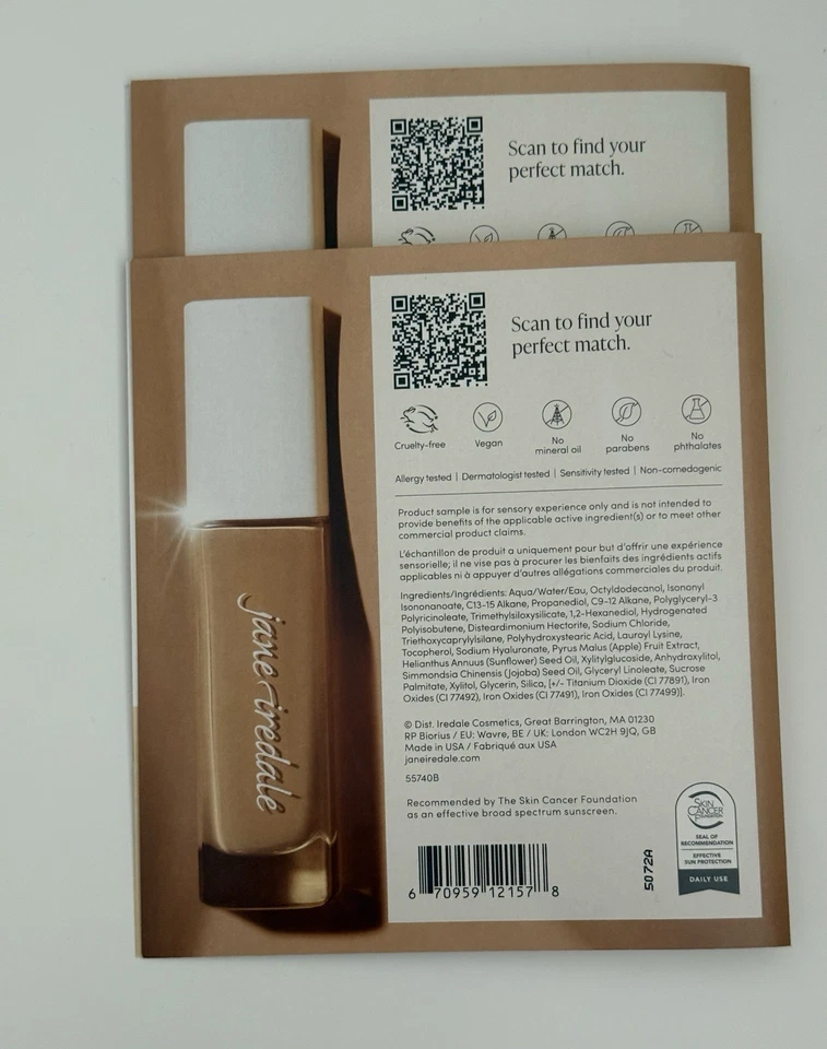 2 X Muestras JANE IREDALE Skintuition SPF30 - Tonos 10/26/38/44/54/64/74/84 Foto 3 de 3