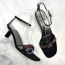 Giuseppe Zanotti Vintage 90s Y2K Beaded Ankle Strap Kitten Heels Retro Black 37