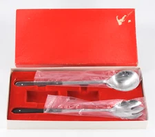 VTG NIB Stainless Steel and Faux Wood Salad Server Fork Spoon Japan Orig Box