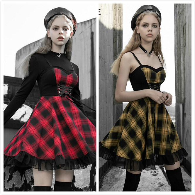 ワンピース SinceThen French style suspenders irregular waist skirt ST26 Women's Punk Plaid Stitched Braces Short Skirt Adjustable