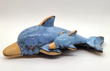 Ceramic Drip Glazed Blue Dolphin Momma And Baby Pottery 10" Long