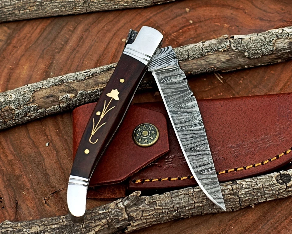 Damasco Cuchillo Plegable Hecho a Mano Cuchillo de Bolsillo Camping Cuchillo de Caza con Bolsa Foto 2 de 4