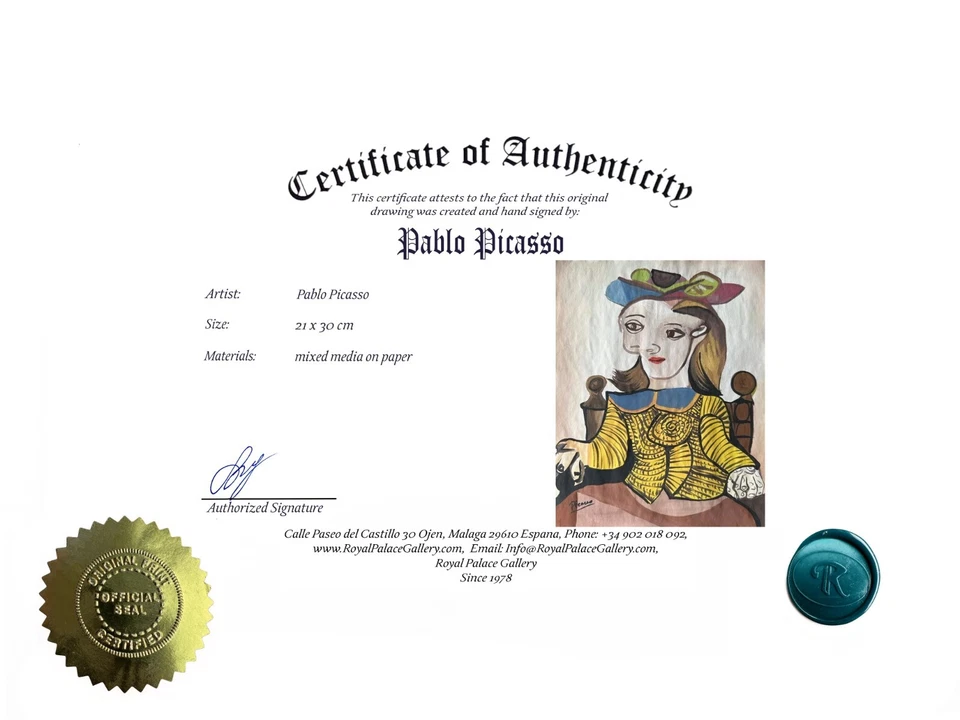 COA 巴勃罗·毕加索艺术绘画复古绘画原版签名加盖 — 第 2/4 张图片