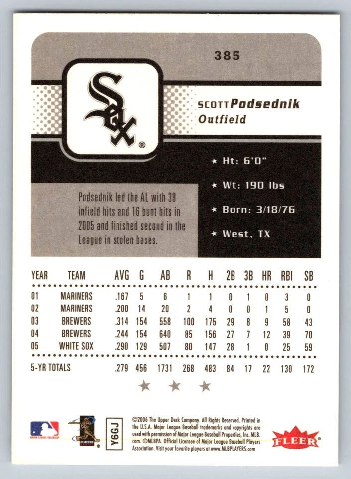 2006 Fleer #385 Scott Podsednik Chicago White Sox - Image 2 of 2