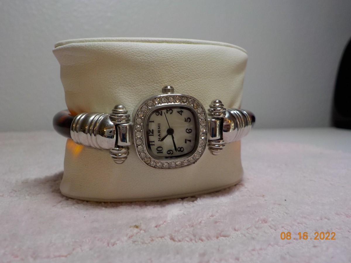 NARMI WATCH SILVER/TORTOISE SHELL HINGED CUFF CRYSTAL FRAMED  display picture 1