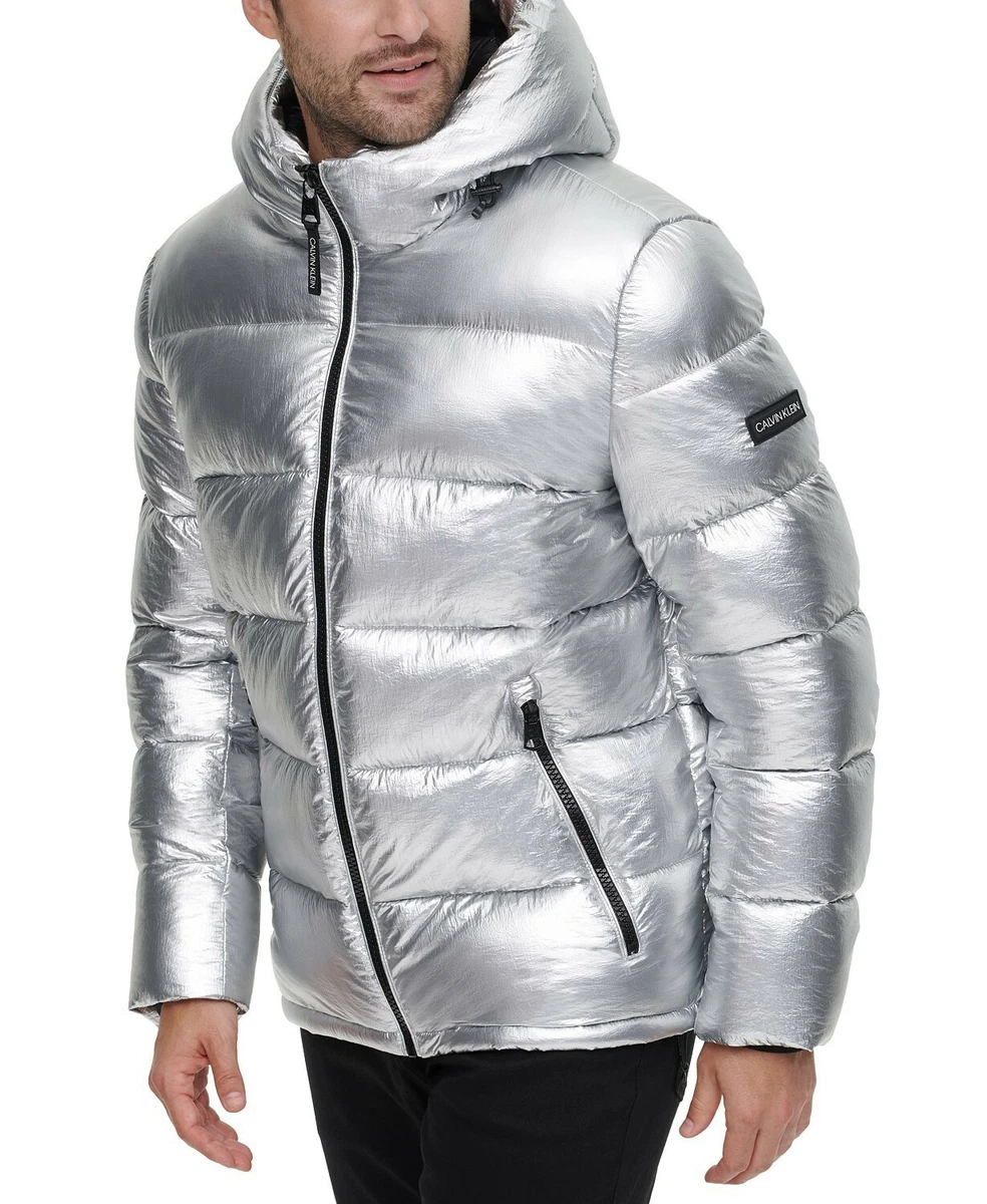 Mens S High Shine Silver Metallic Hooded Puffer Jacket NWT NLA $250 | eBay