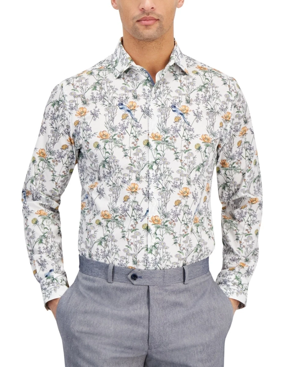 bar iii organic cotton watercolor floral-print slim fit dress shirt Women's Pretty Impressive Pink & Ivory Floral Cotton Linen Mini Shirt Dress | Size: L main image 1