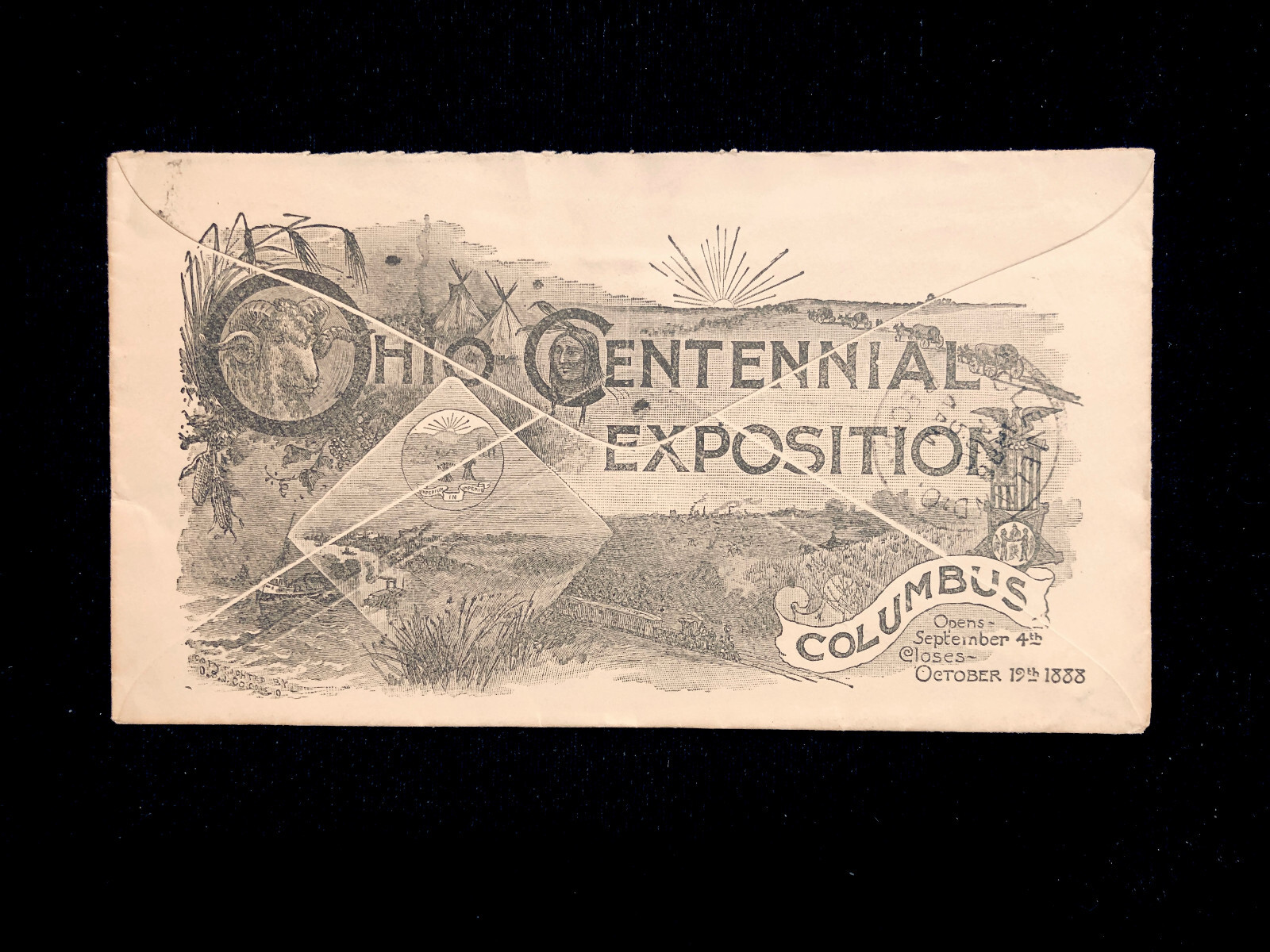 OH COLUMBUS 1888 COVER 2¢ ENTIRE ALLOVER ILLUS OHIO CENTENNIAL EXPO ON REVERSE