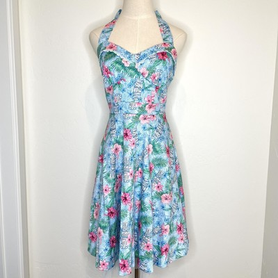 Hot Topic Tiki Dress Womens Small Swing Rockabilly Pinup Halter Blue Pink
