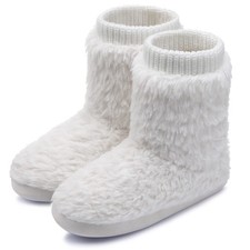 MIXIN Women's Comfort Warm Faux Fleece Fuzzy Ankle Bootie Slippers 7-8, White