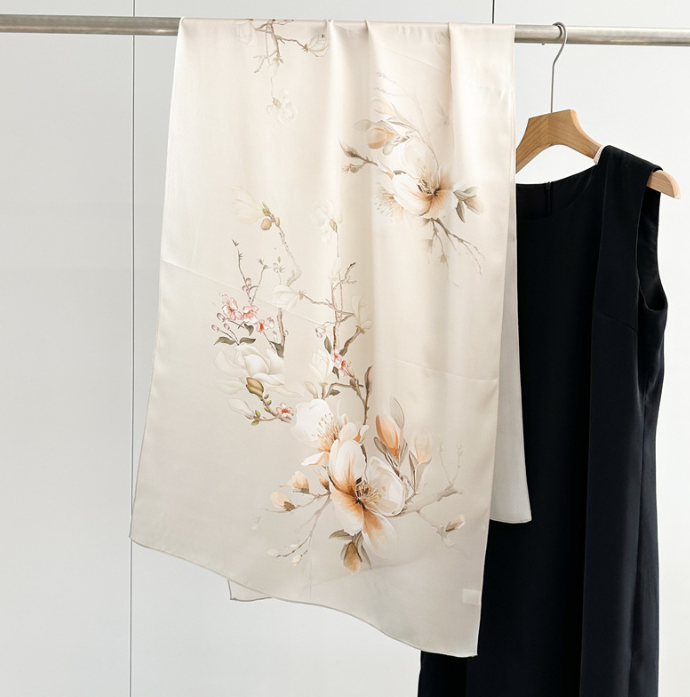 100% Silk Mulberry 170X53cm Scarf Women Neckerchief Wrap Grey flower Print new