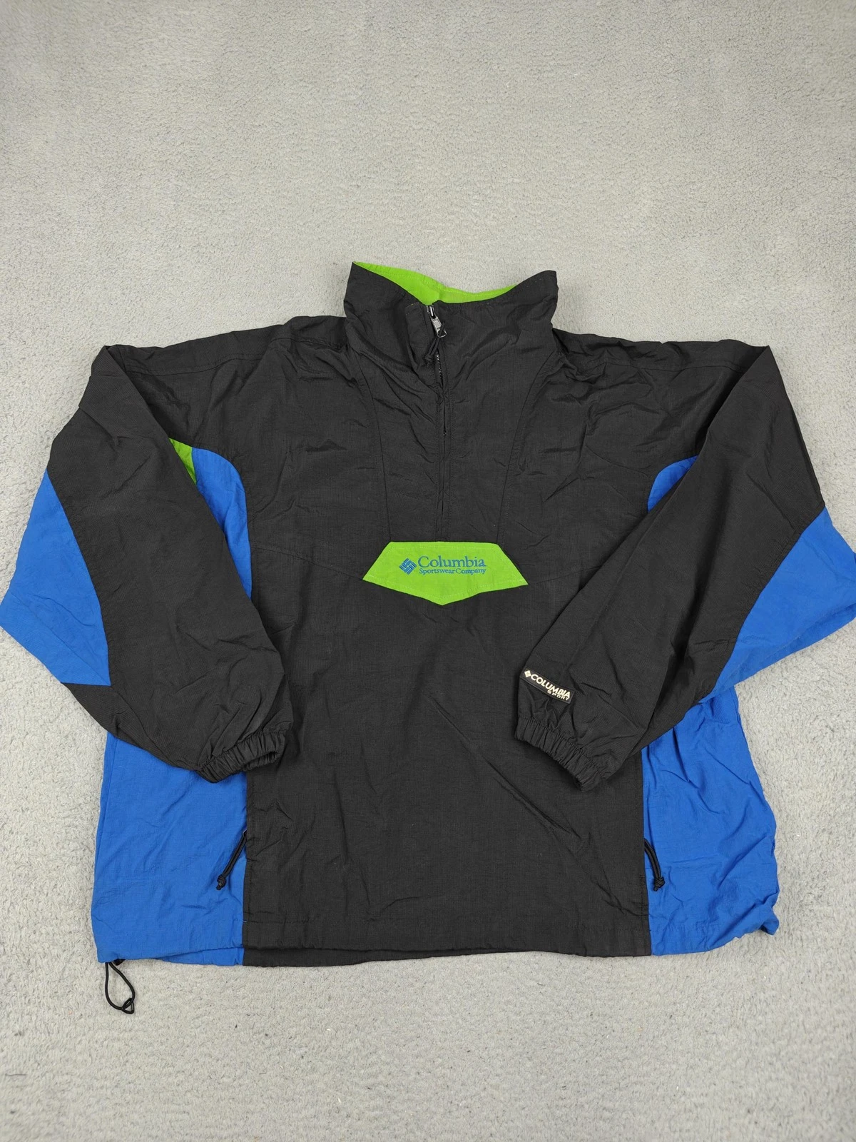 Vintage Columbia Jacket Mens XL Black Blue Green 1/4 Zip Windbreaker 90s