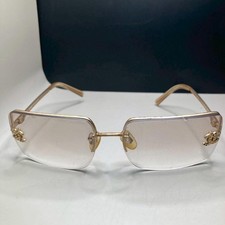 CHANEL Rimless Sunglasses Clear Lens Gold Metal Frame Rhinestone CC Logo Eyewear
