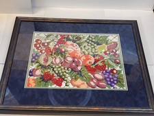 Vintage Framed Needlepoint Fruit Medley Large Picture 20"x 24" Hanging