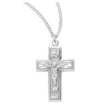 Sterling Silver Wide Crucifix Medal Pendant Necklace, 18" Chain w/ Box USA Made