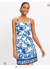 NWT LOFT Blue and White Corfu Tropical Print Linen Blend Dress, 12