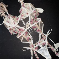 For LOVE LEMONS 36D BUSTIER GARTER CORSET XL SIENA White Pink Beige Gold mesh