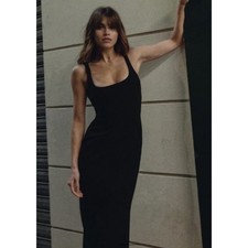 NWT ZARA Women M Little Black Dress Midi Minimalist Regency Scoop Neck Bodycon