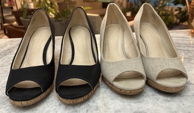 2 Pair-Kelly & Katie Kavdena Peep Toe Wedge Beige Metallic Cork & Blk Size 8