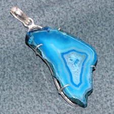 Ciondolo Blu Botswana Fetta Druzy Argento 925 Placcato 2,4" Regalo Pronto Gioielli GW